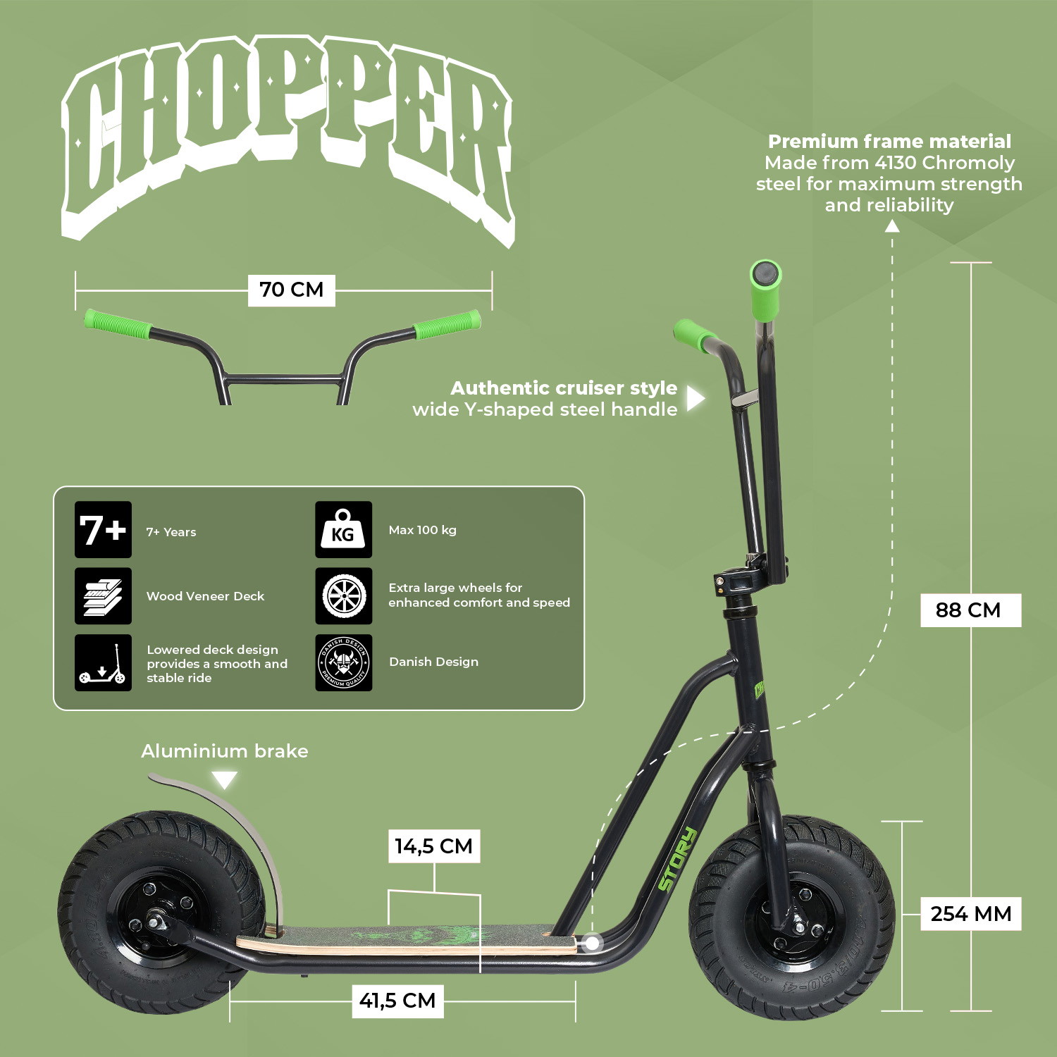 Scooter Urban Chopper cu Roți de Pneuri Plate