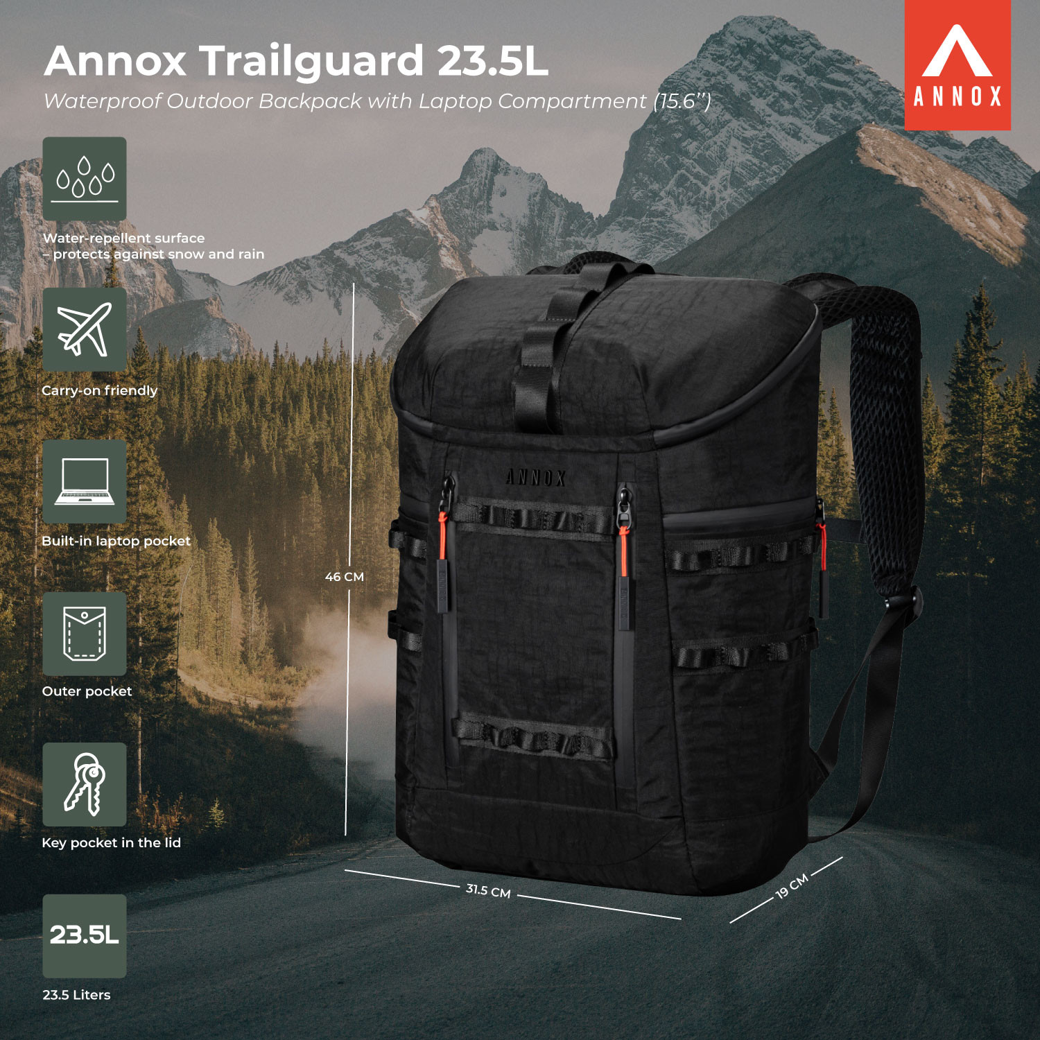 Annox Trailguard 23.5L - Rucsac de exterior impermeabil cu compartiment pentru laptop (15.6”)