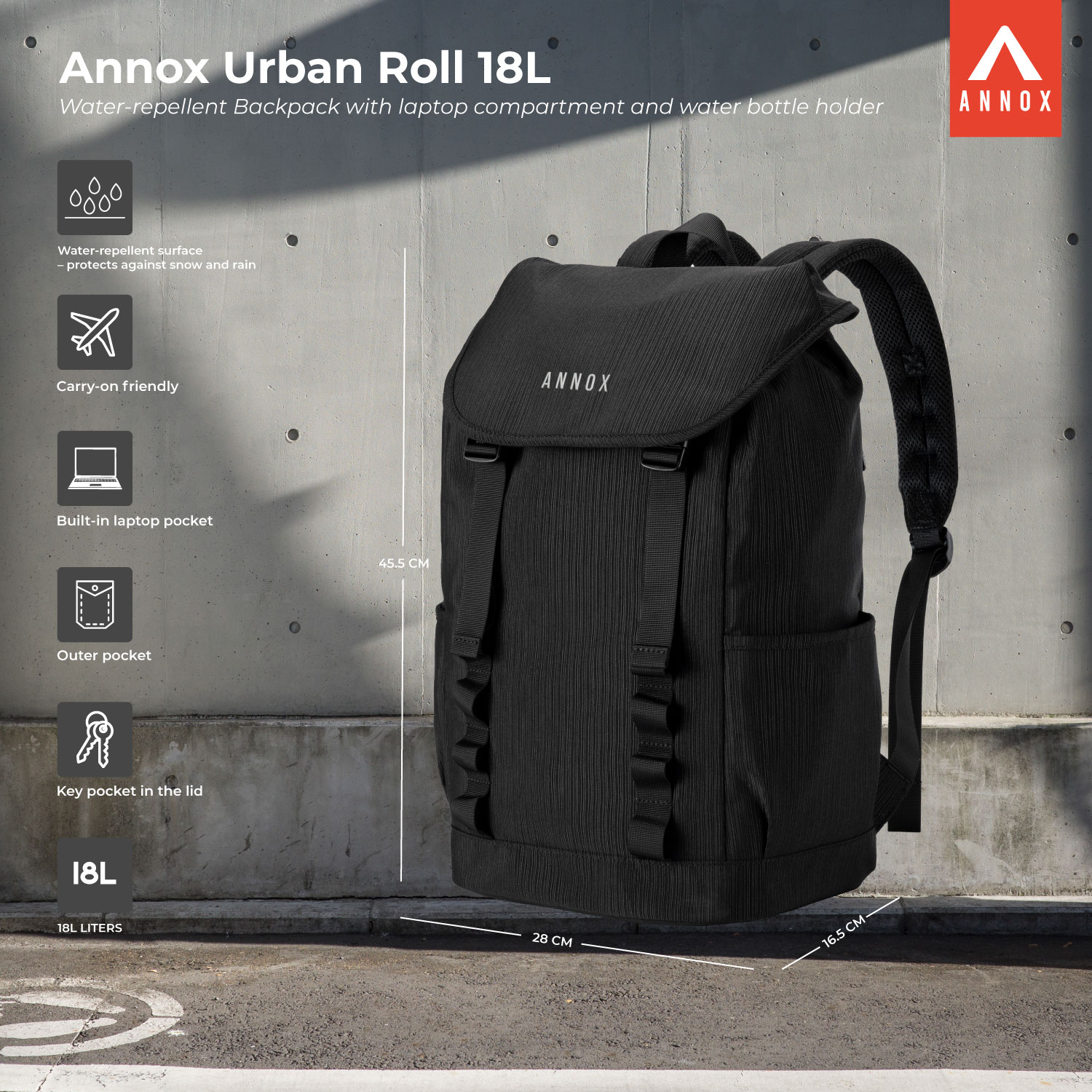 Rucsac Urban Annox 18L - Rucsac rezistent la apă cu compartiment pentru laptop și suport pentru sticlă de apă