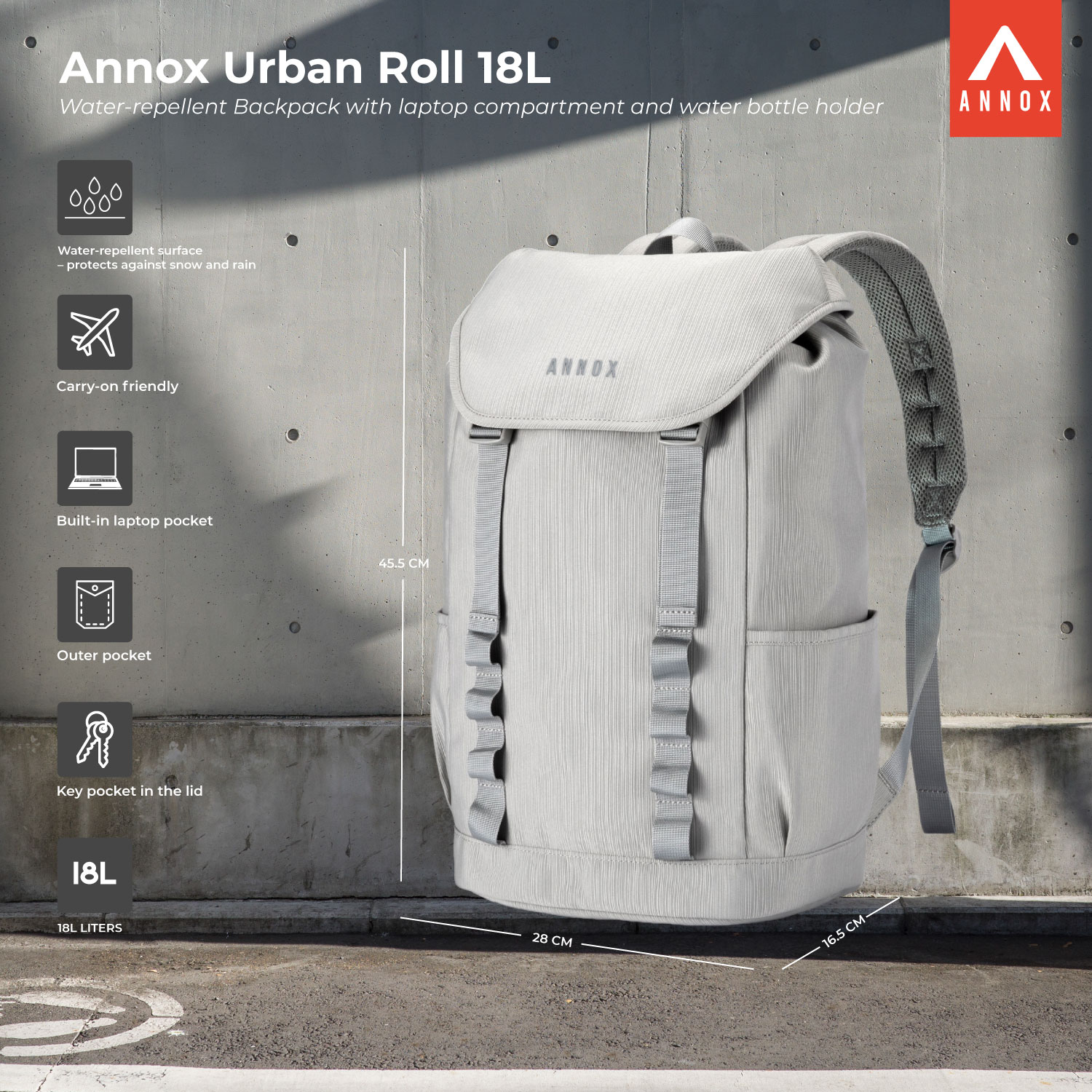 Rucsac Urban Annox 18L - Rucsac rezistent la apă cu compartiment pentru laptop și suport pentru sticlă de apă