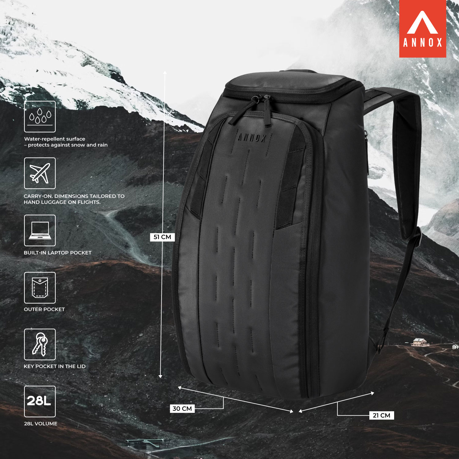 Rucsac Annox Vault 28L - Impermeabil pentru schi, sport și călătorii